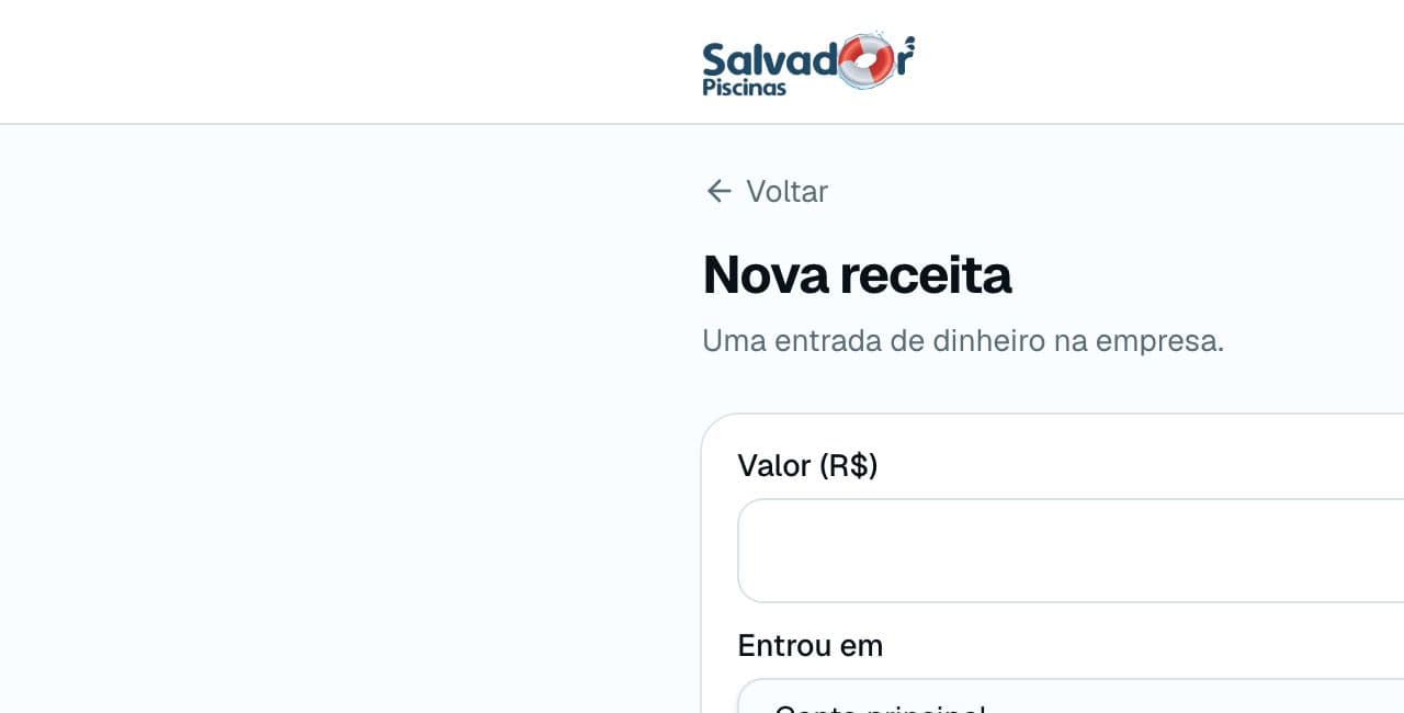 Tela real do sistema financeiro da Salvador Piscinas