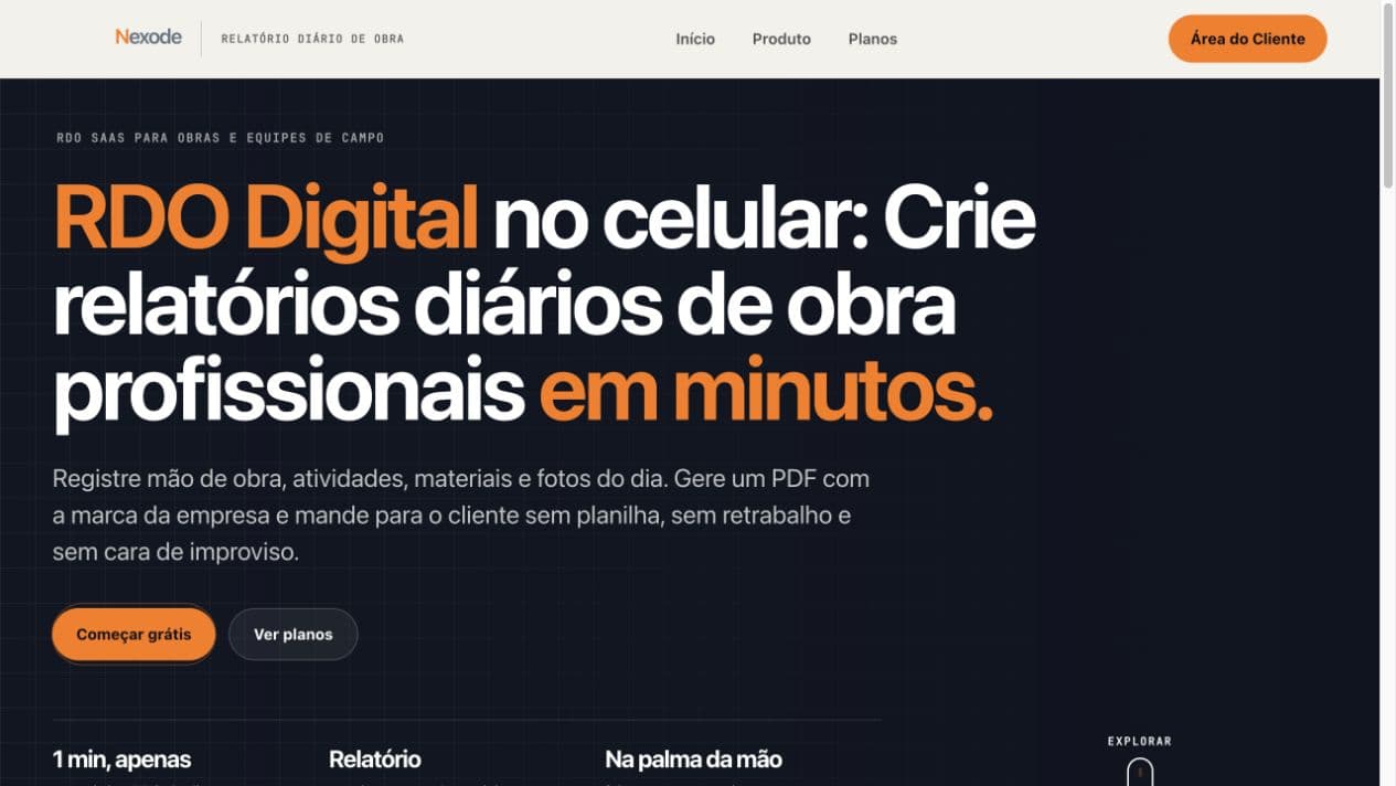 Página pública do RDO SaaS apresentando a criação de relatórios diários de obra pelo celular